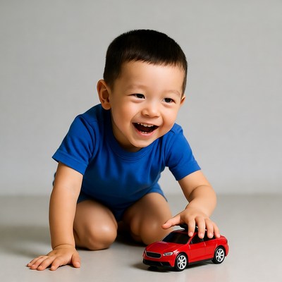 Asian boy playing with red toy car