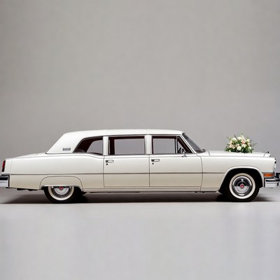 White vintage limousine with wedding flowers