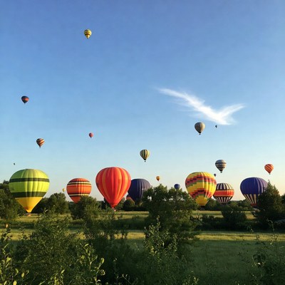 Colorful hot air balloons over field