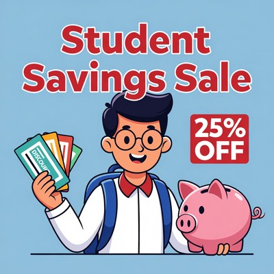 Student Savings Sale with Boy and Piggy Bank