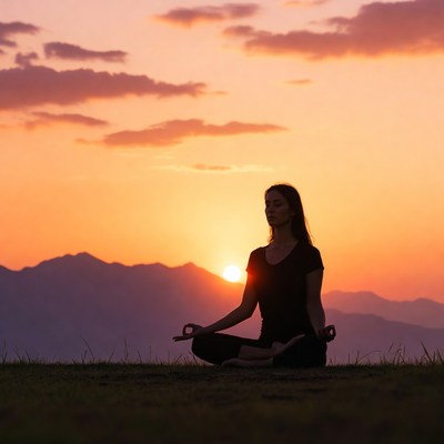 Woman meditating at sunset silhouette