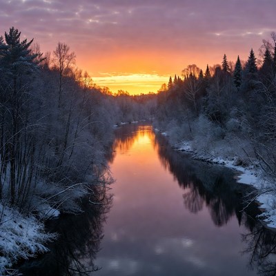 Winter River Sunset with Snowy Trees