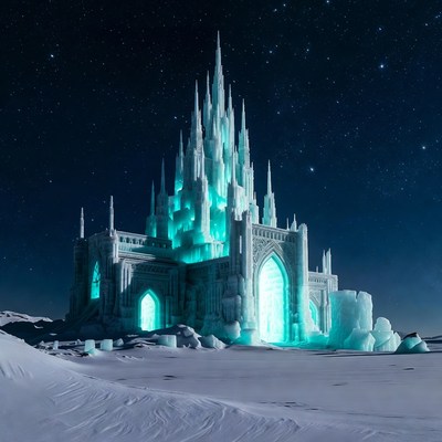 Ice Castle in Snowy Night Sky