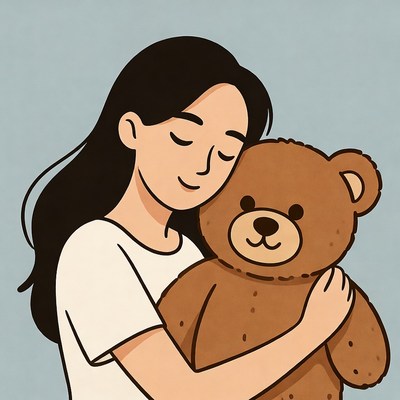 Woman hugging teddy bear illustration