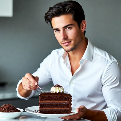 Handsome man eating chocolate cake