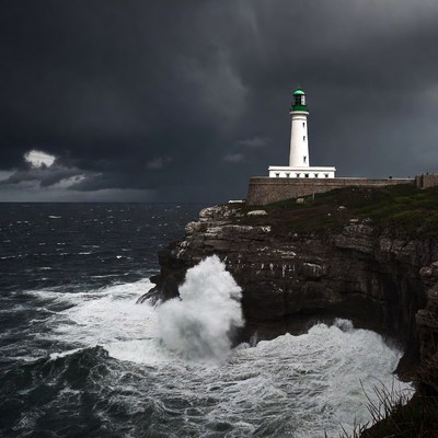 White Lighthouse on Cliff in Stormy Sea