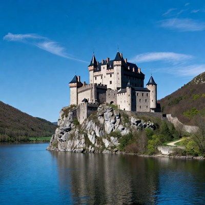Medieval Castle on Rocky Cliff Lakeside