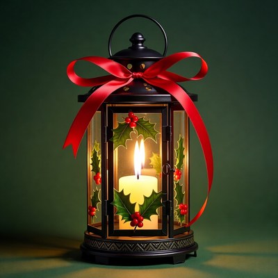 Christmas Lantern with Candle and Holly