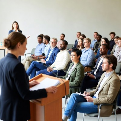 Woman presenting to diverse audience