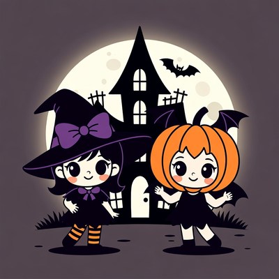 Cute Witch and Pumpkin Girl Halloween Illustration