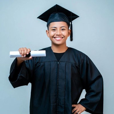 Asian boy in graduation gown with diploma