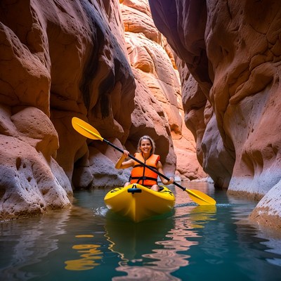Woman kayaking in narrow red rock canyon