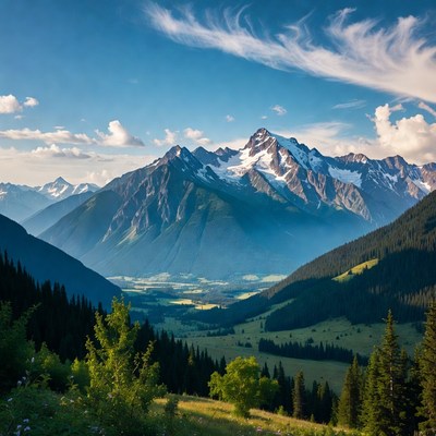 Snowy Mountain Peaks in Green Valley