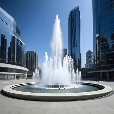 Fountain spraying amid skyscrapers