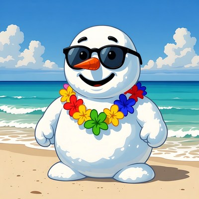Snowman with sunglasses and lei on beach