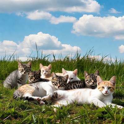 Kittens playing on green grass