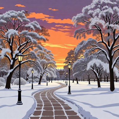 Snowy pathway with lanterns at sunset