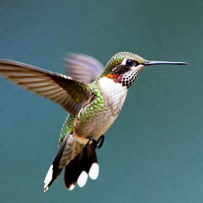 Hummingbird hovering with wings spread