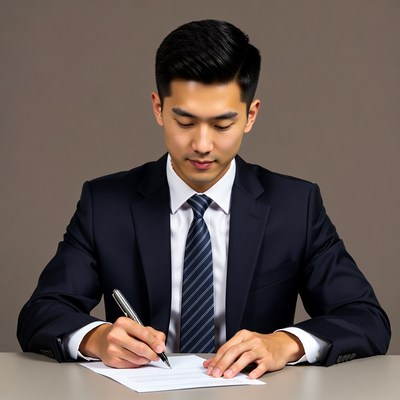 Asian man signing document in suit