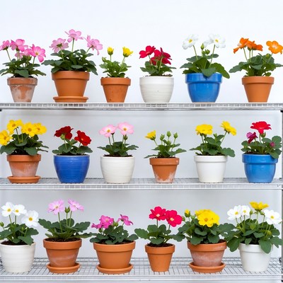 Colorful Potted Flowers on Shelves