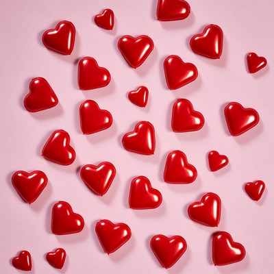 Shiny red hearts on pink background