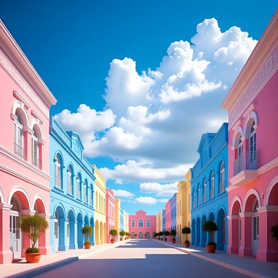 Colorful Pastel Street with Blue Sky