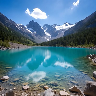 Turquoise Lake in Snowy Mountains