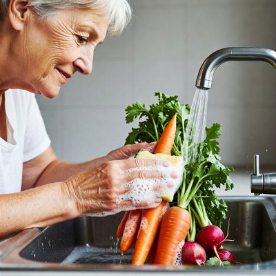 Elderly woman washing vegetables sink