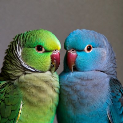 Green and Blue Parakeets Facing Each Other