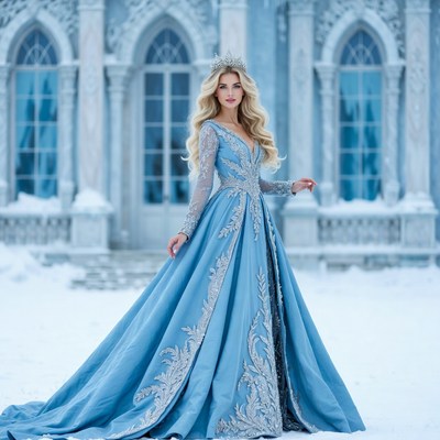 Blonde woman in blue gown with crown
