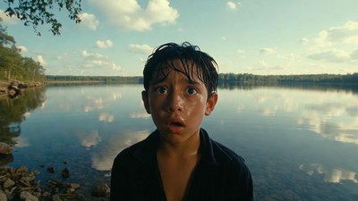 Wet Asian boy by lake