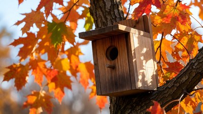 Birdhouse on autumn tree branch