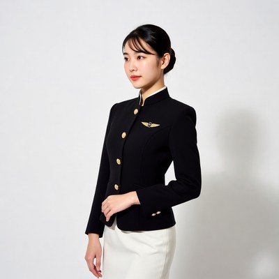 Asian woman in black flight attendant uniform