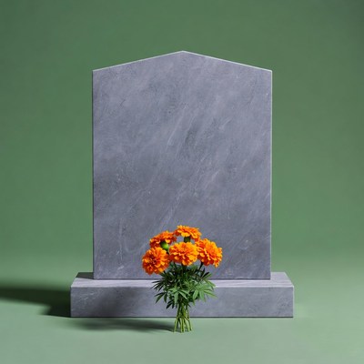 Gray Tombstone with Orange Marigolds