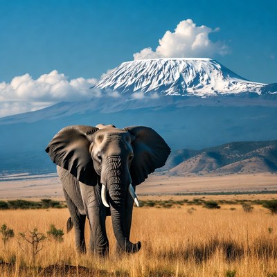 Elephant in front of Mount Kilimanjaro