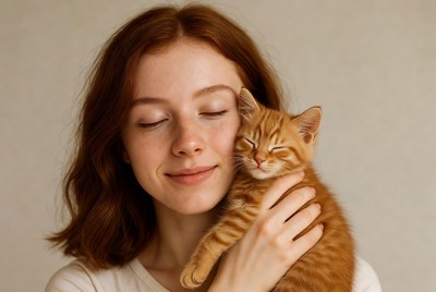 Woman hugging orange kitten
