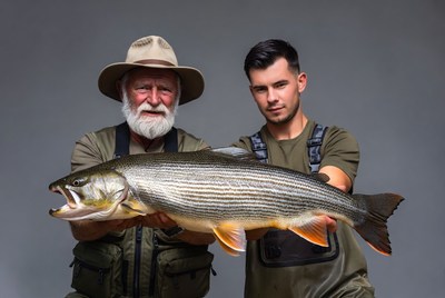 Elderly man and young man holding large fish