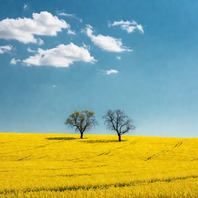 Two Trees in Yellow Rapeseed Field