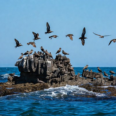 Flock of seabirds on ocean rock