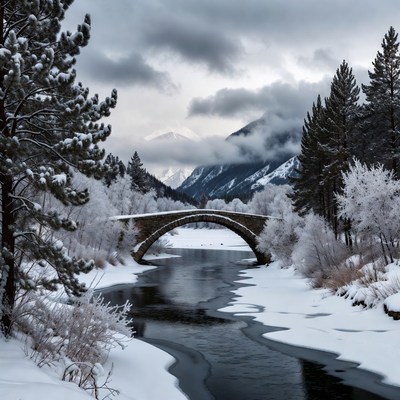 Snowy Stone Bridge Over Frozen River
