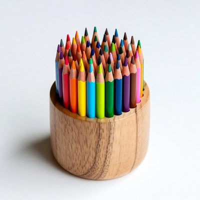 Colorful Pencils in Wooden Holder