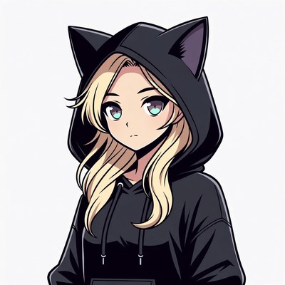 Anime girl in black cat hoodie