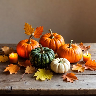 Autumn Pumpkins and Candles on Wooden Table