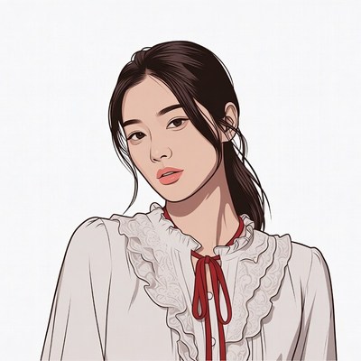 Asian woman in white ruffled blouse