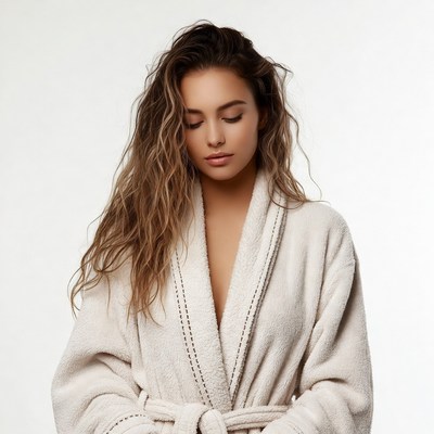 Woman in white bathrobe