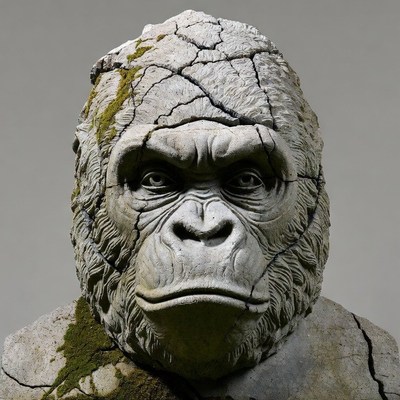 Cracked Stone Gorilla Bust with Moss
