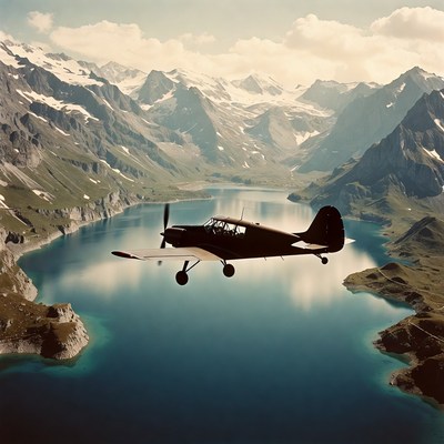 Propeller Plane Flying Over Mountain Lake