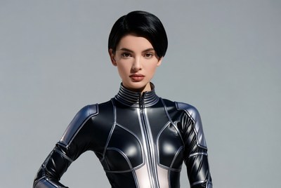 Woman in shiny black bodysuit