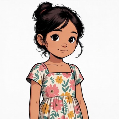 Young girl in floral dress illustration