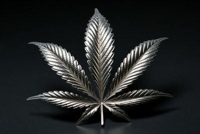 Silver Marijuana Leaf on Black